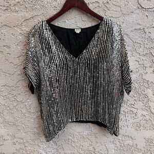 Vintage Sequin Silk Party Top Black Silver Beaded Size L